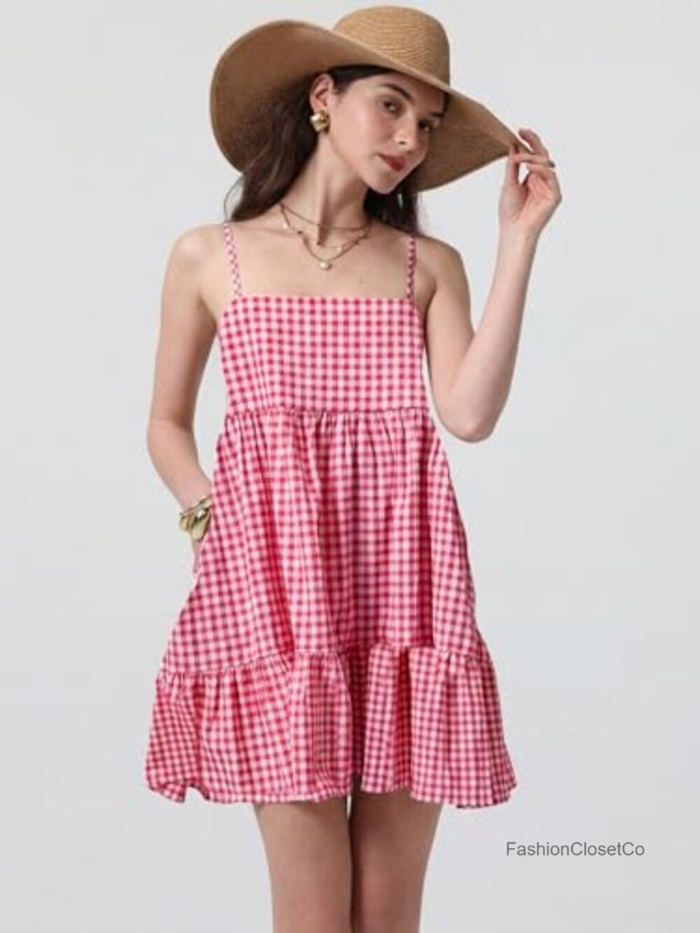 Gingham Mini Dress with Pockets, Spaghetti Strap A-Line Sundress - Picture 2 of 6